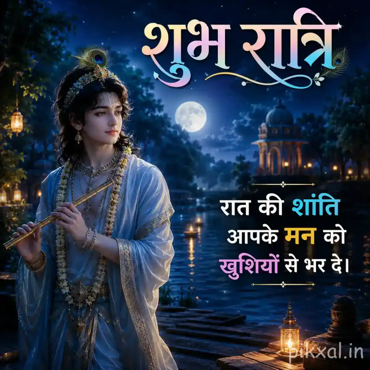 Lord Krishna standing near a quiet riverside beneath the night sky, with warm lamp reflections and a message wishing peaceful happiness.