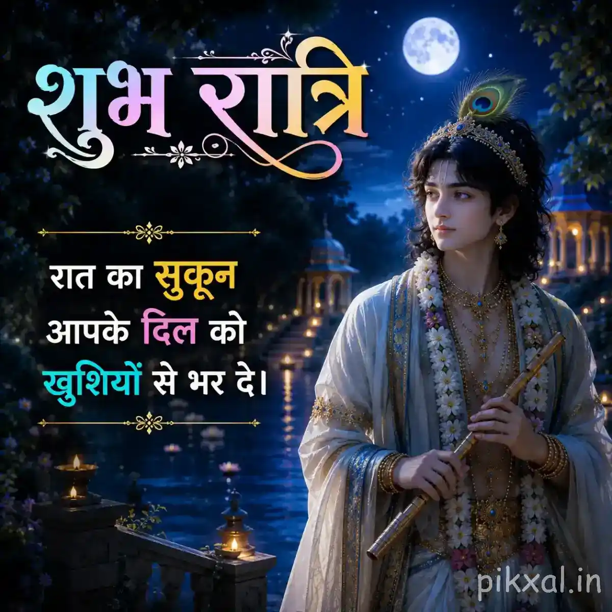 Lord Krishna holding a flute beside a moonlit lake, surrounded by glowing diyas, blue foliage and a serene रात की शुभकामना.