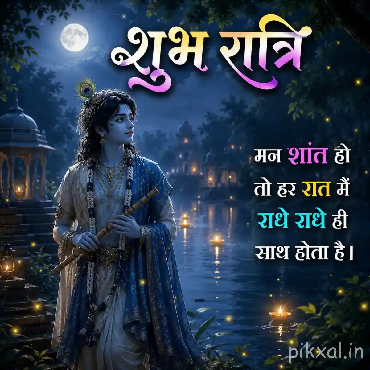 Lord Krishna standing beside a tranquil river beneath a glowing full moon, with distant temple lights and a heartfelt राधे राधे blessing.