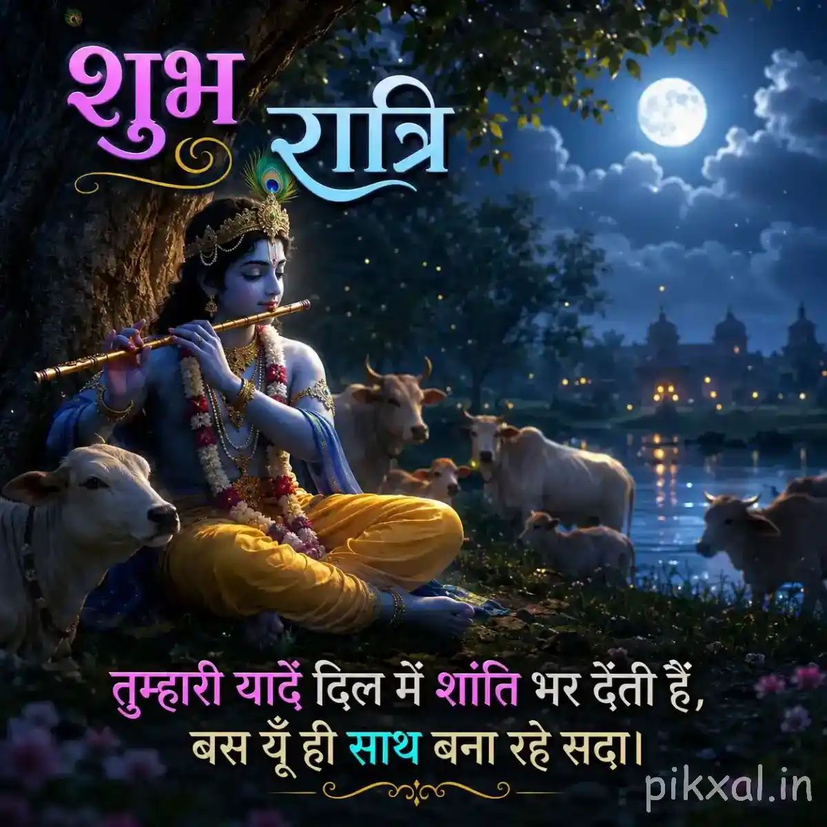 Lord Krishna seated among gentle cows beneath a full moon, playing his flute beside a calm river with a peaceful devotional message.
