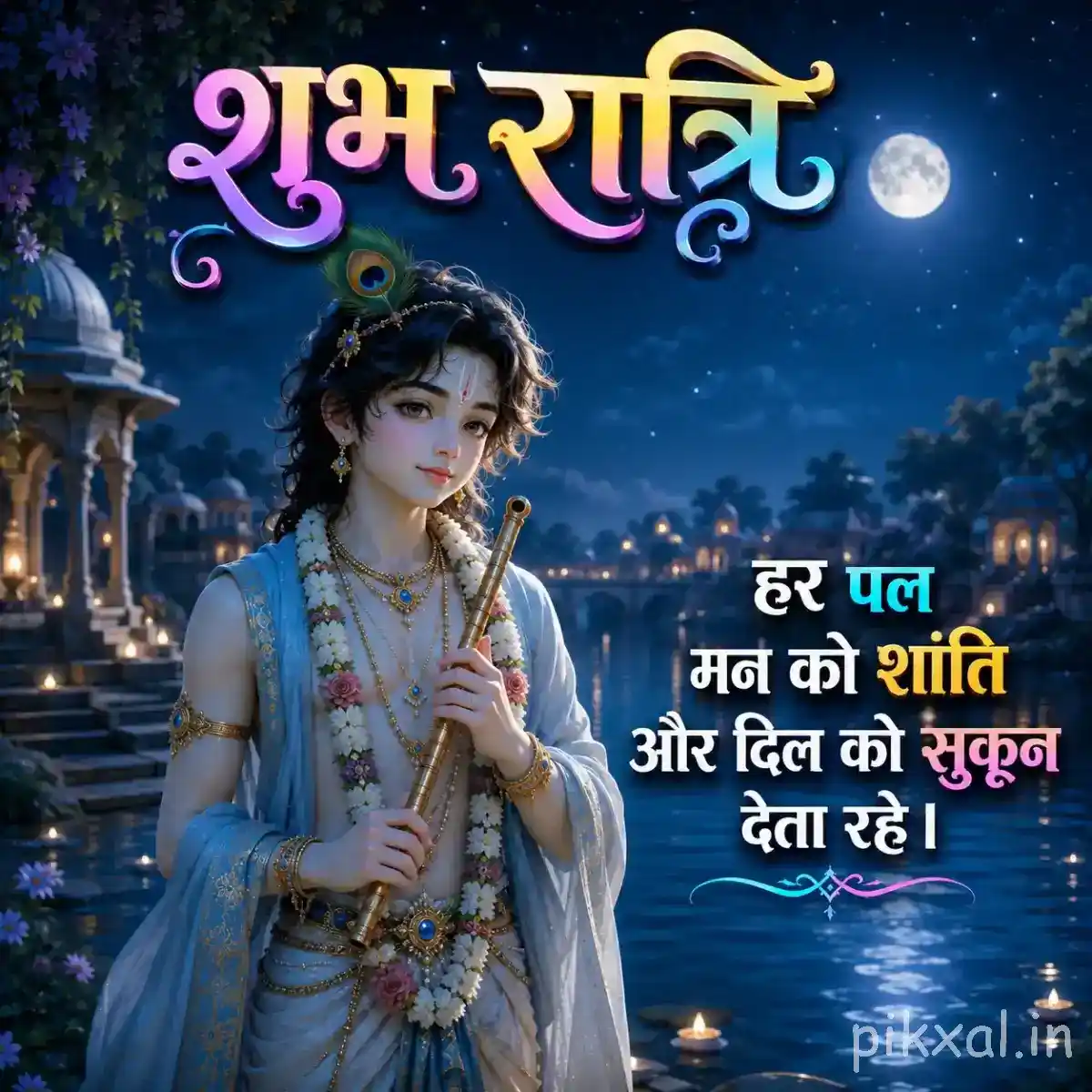 Lord Krishna standing near a moonlit temple landscape, holding a flute with soft blue lighting and a शुभ रात्रि greeting.