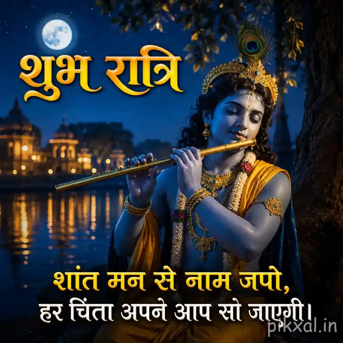 Lord Krishna playing the flute beside a moonlit river, with glowing temple reflections and a peaceful शुभ रात्रि message.