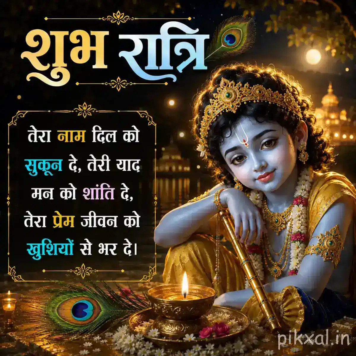 Lord Krishna resting gracefully beside illuminated diyas and a peacock feather, with an elegant golden background and शुभ रात्रि message.