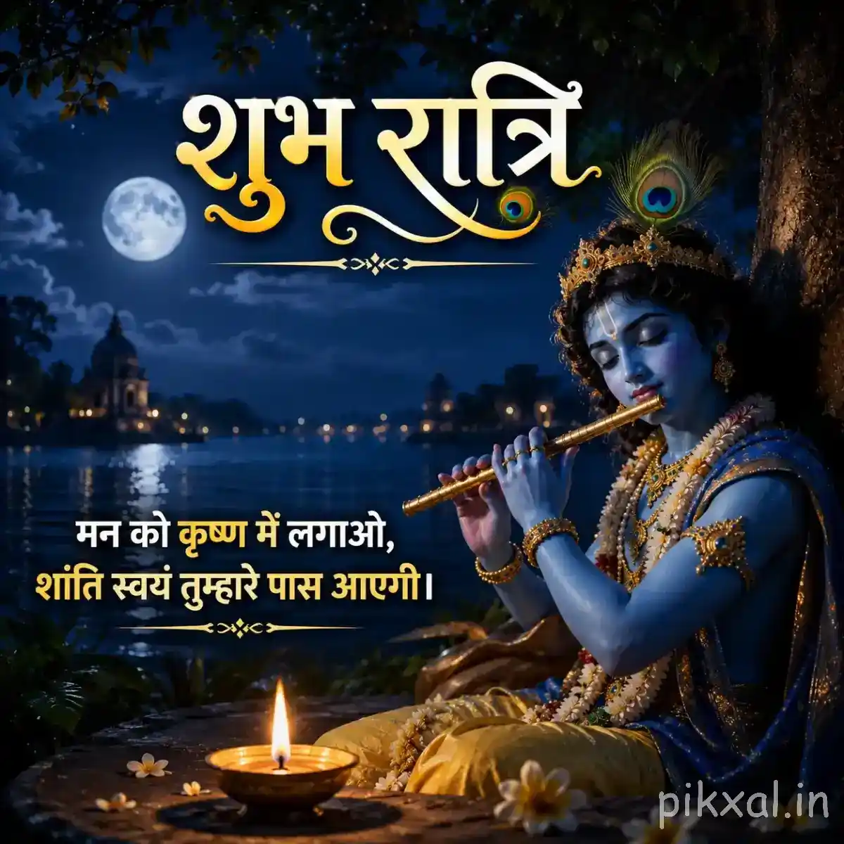 Krishna seated with his flute beneath a bright full moon, a glowing diya and tranquil riverside scenery.