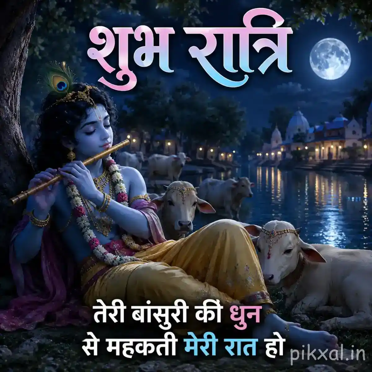 Lord Krishna playing his flute among gentle cows beside a calm lake, with moonlight, temple reflections and a devotional night greeting.