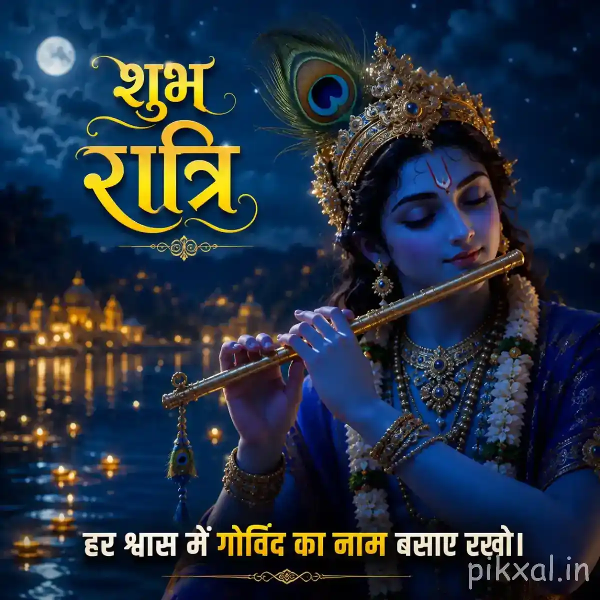 Close-up of Krishna playing the flute beneath a glowing full moon, surrounded by peacock feathers, golden lights and शुभ रात्रि typography.