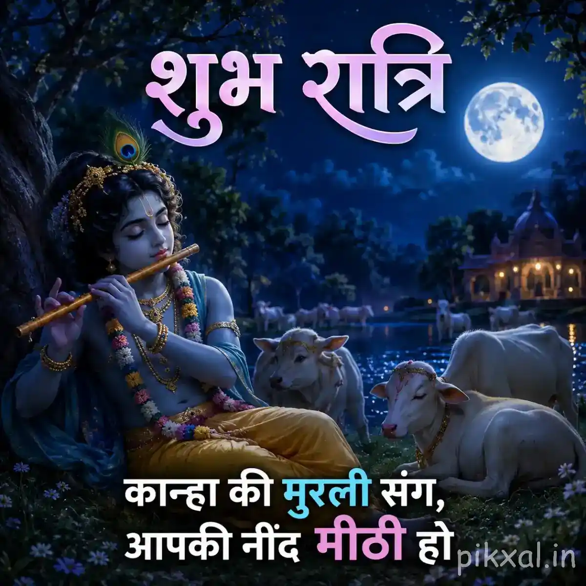 Krishna playing his flute beside resting cows under a luminous moon, with soft blue scenery, warm lights and a peaceful message wishing sweet sleep.