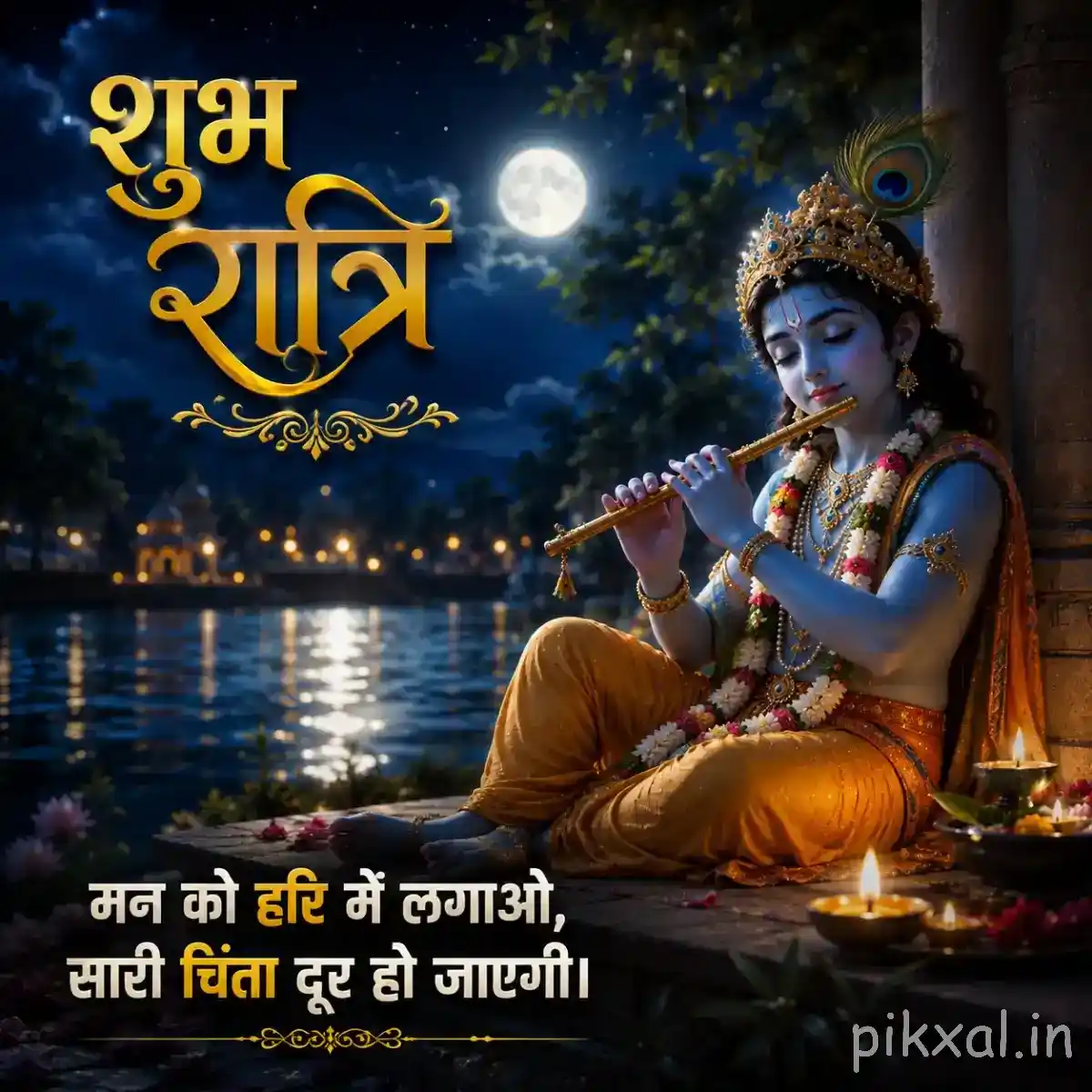 Lord Krishna seated beside a glowing diya and calm riverside, playing his flute beneath a bright moon with an elegant night message.