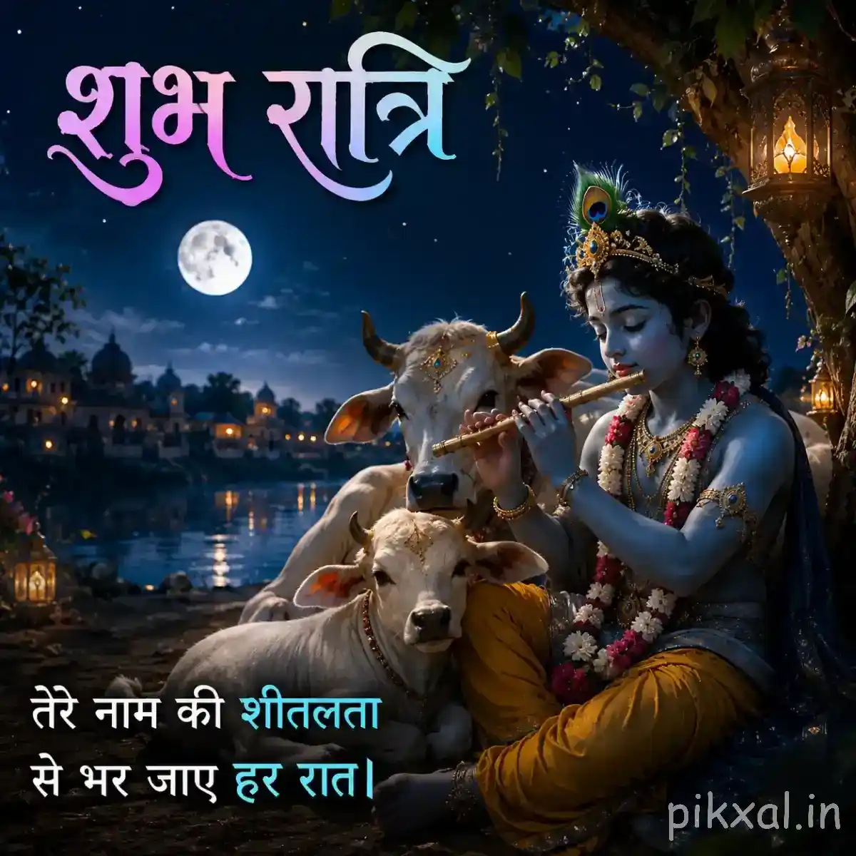 Krishna playing the flute beside a white cow under a crescent moon, with temple lights and a peaceful blue nighttime landscape.