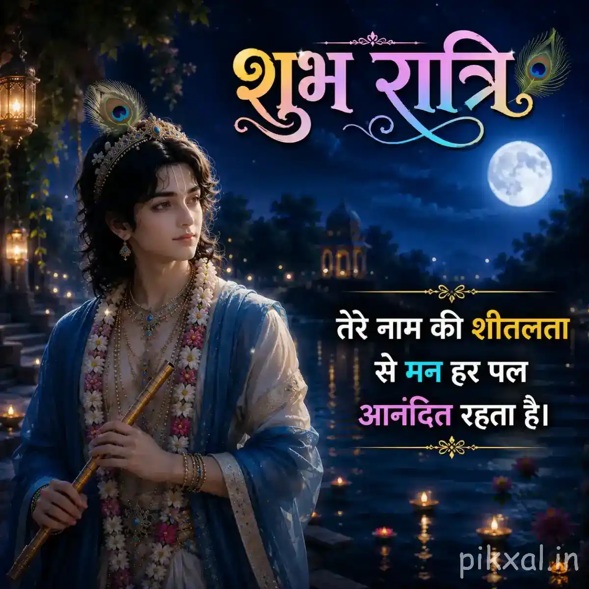 Lord Krishna standing beside a moonlit riverside with a flute, framed by warm lanterns and a devotional message about Krishna's peaceful presence.