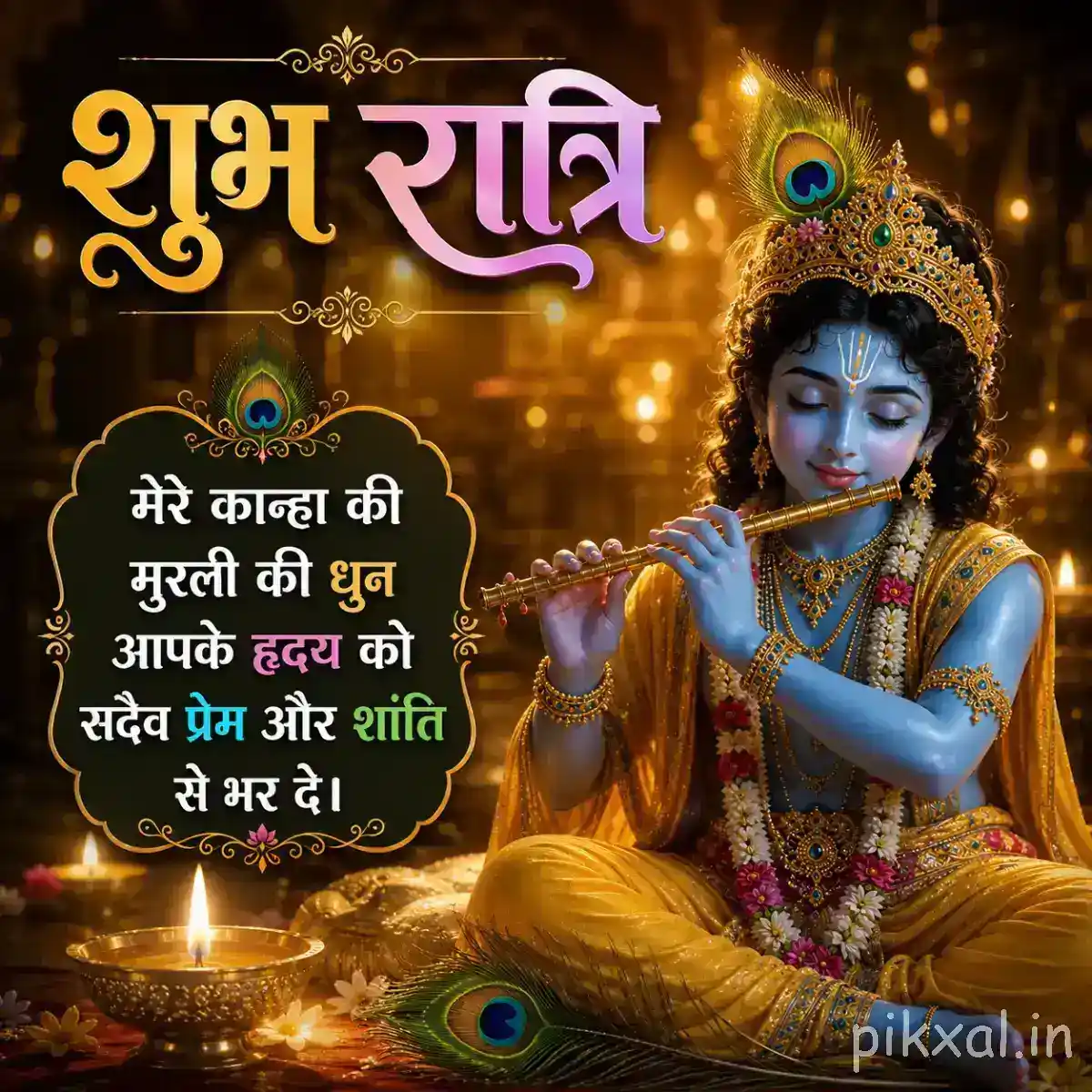 Krishna playing his flute beside glowing oil lamps, surrounded by intricate golden decorations and a peaceful रात्री blessing.