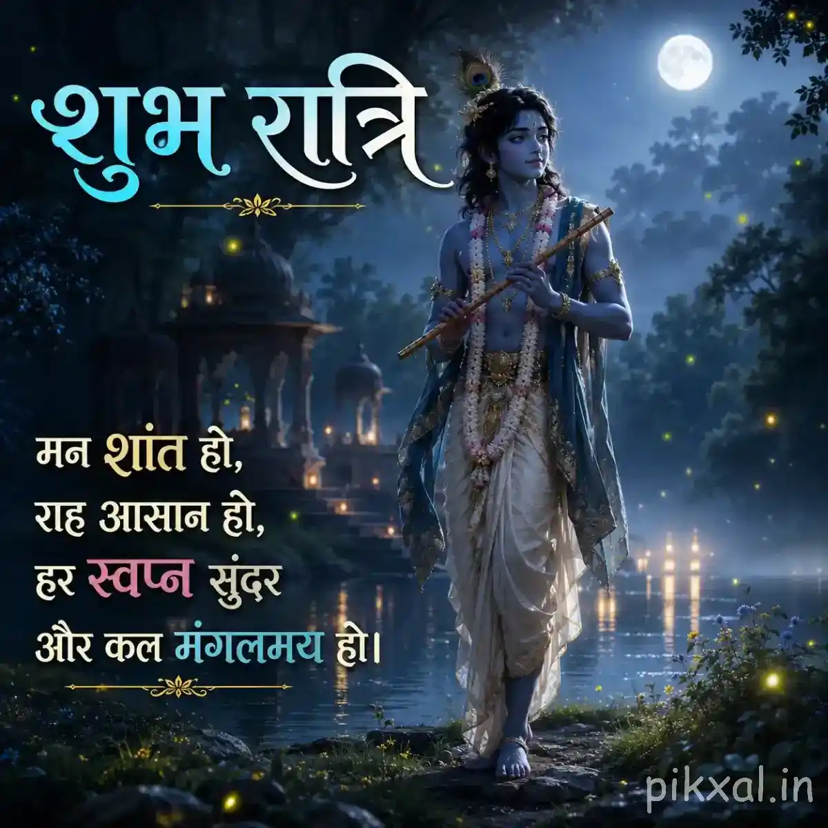 Krishna standing peacefully beneath the moon with his flute, accompanied by a calm river, distant temple and a soothing रात्री blessing.