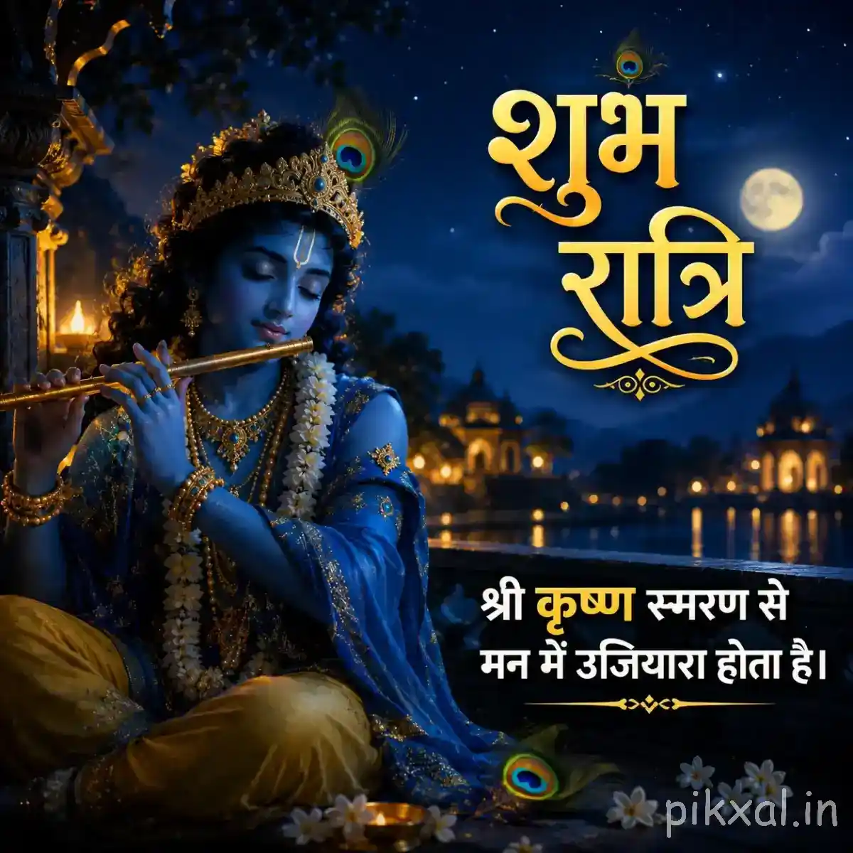 Close portrait of Krishna playing his flute in a warm golden setting, surrounded by ornate decorations, lamps and devotional शुभ रात्रि lettering.