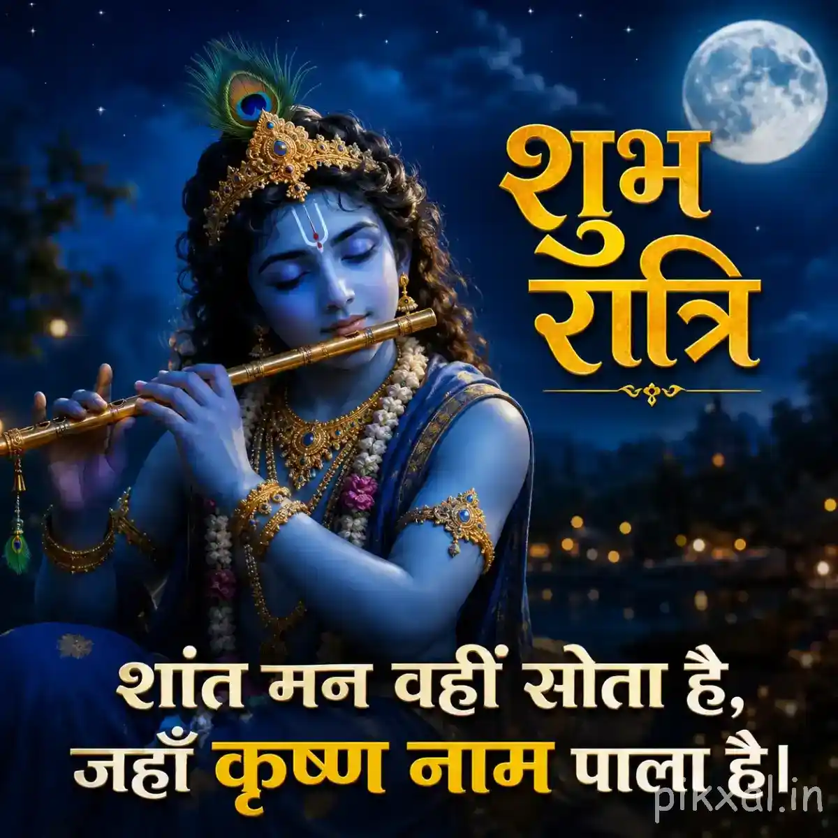 Close-up of Krishna playing the flute beneath a bright moon, with deep blue foliage, peacock feathers and a peaceful शुभ रात्रि greeting.
