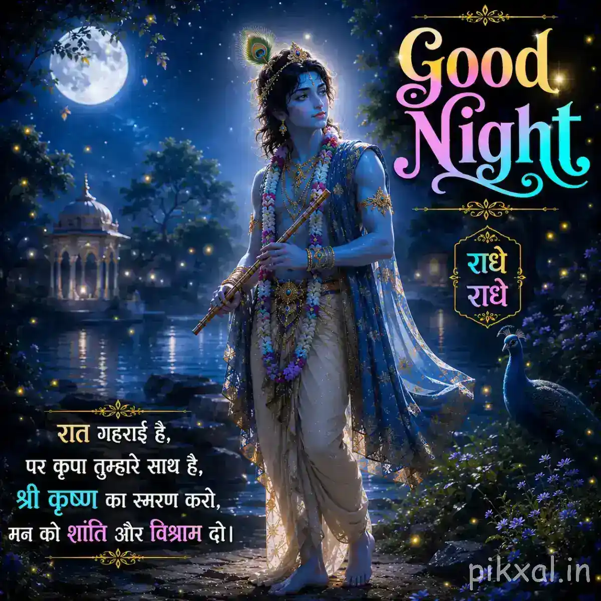 Krishna standing with his flute beneath a bright full moon in a dreamy blue nighttime setting with a Good Night greeting.