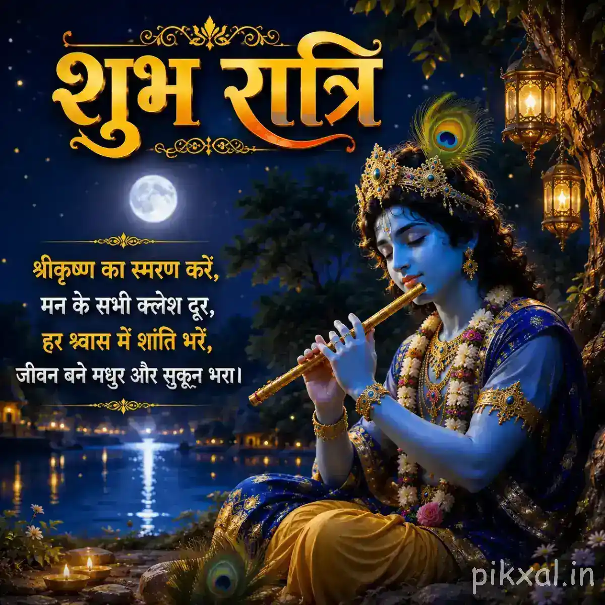 Lord Krishna seated peacefully with his flute beside a calm river, surrounded by glowing lamps, ornate decorations and a golden शुभ रात्रि message.