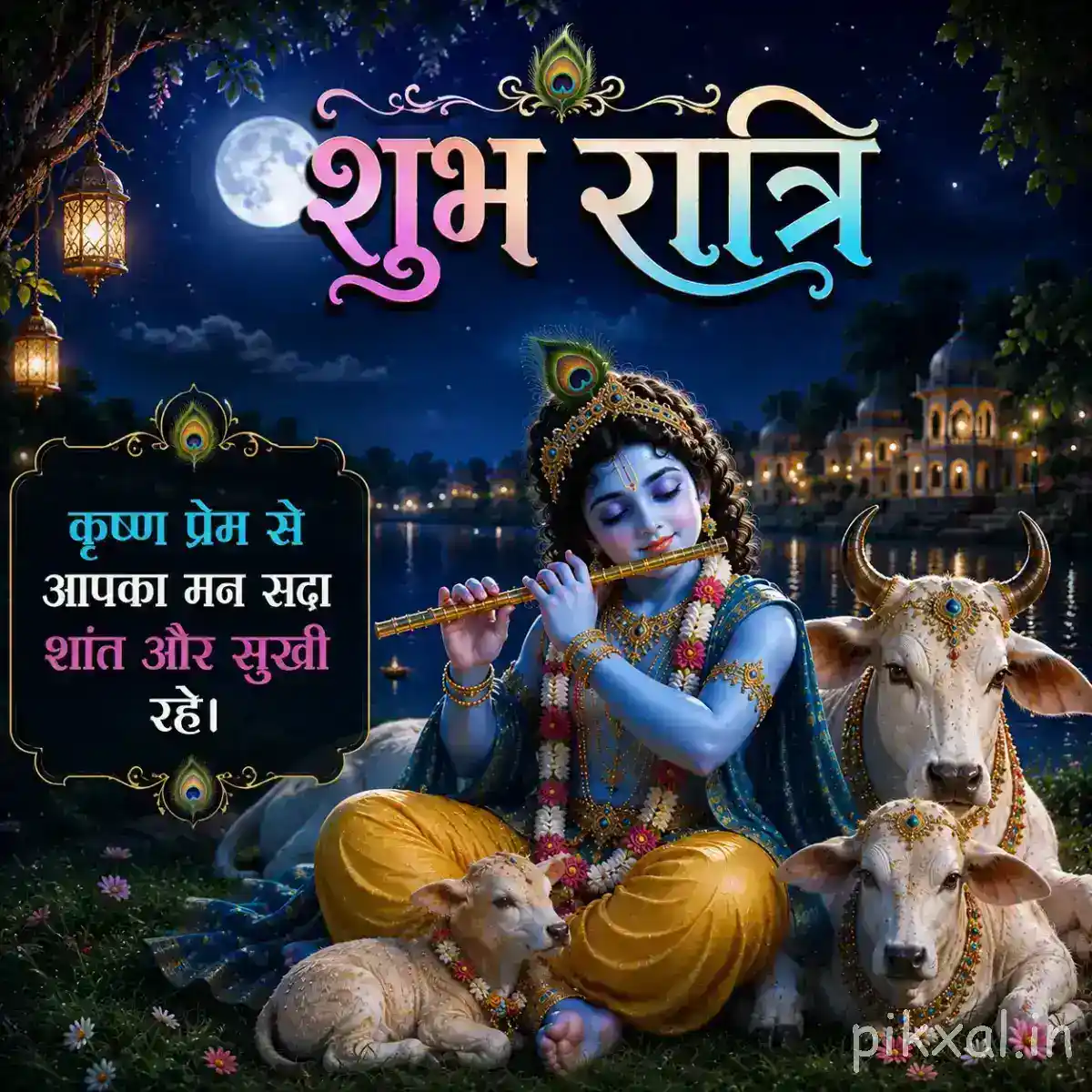 Krishna playing the flute beside resting cows beneath a luminous full moon, with a peaceful riverside and temple scenery in the background.