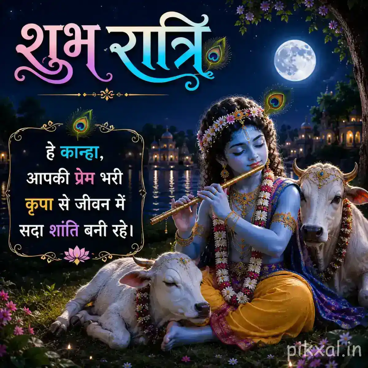 Lord Krishna sitting among cows with his flute and peacock feathers, surrounded by moonlight and a tranquil blue night atmosphere.