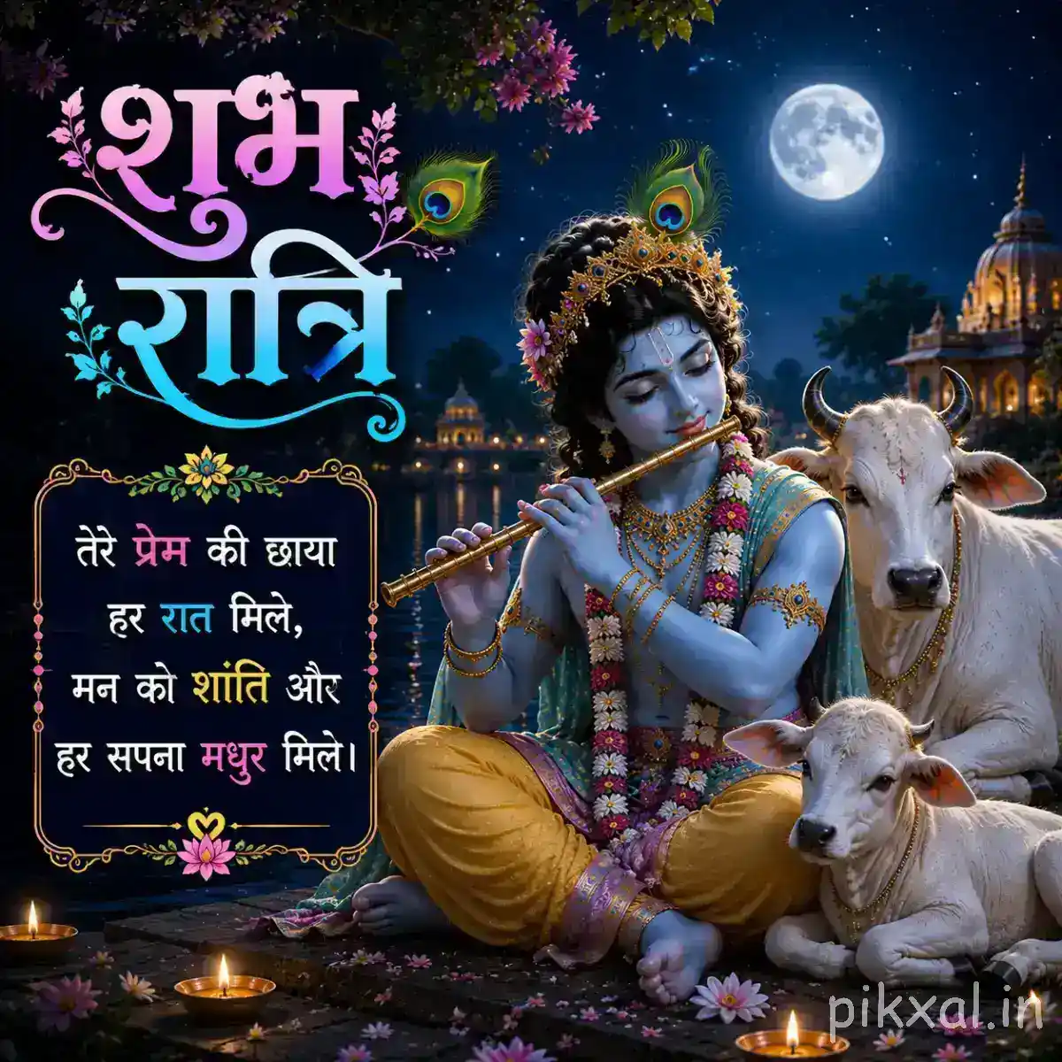 Krishna playing his flute beside several cows beneath a glowing full moon, with a serene nighttime landscape and colorful शुभ रात्रि typography.