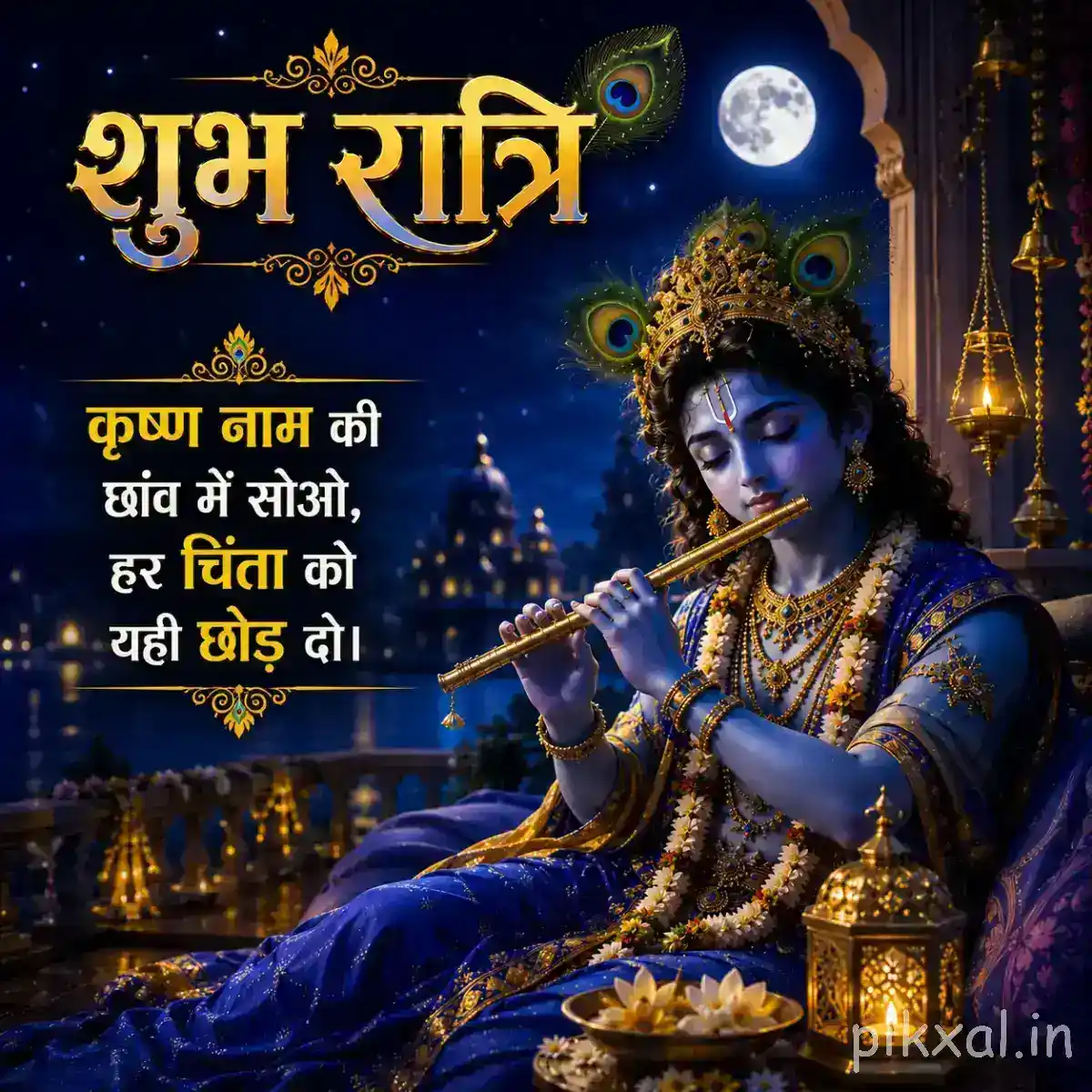Good Night Krishna Images showing Lord Krishna peacefully playing the flute beside a moonlit lake, surrounded by glowing diyas and an elegant शुभ रात्रि greeting.