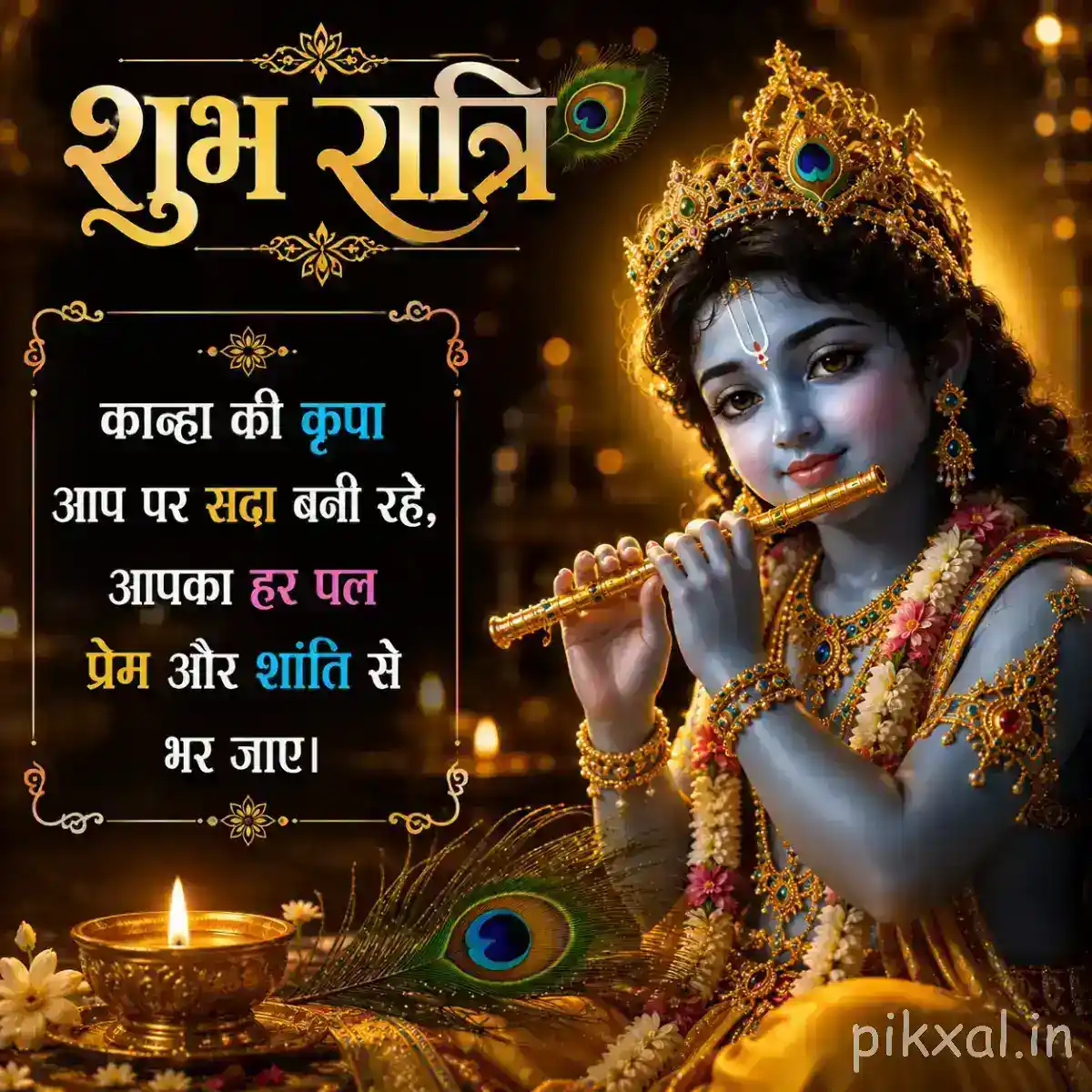 Good Night Krishna Images featuring a close-up of Krishna with his peacock-feather crown and flute, illuminated by warm golden lamps and devotional decorations.