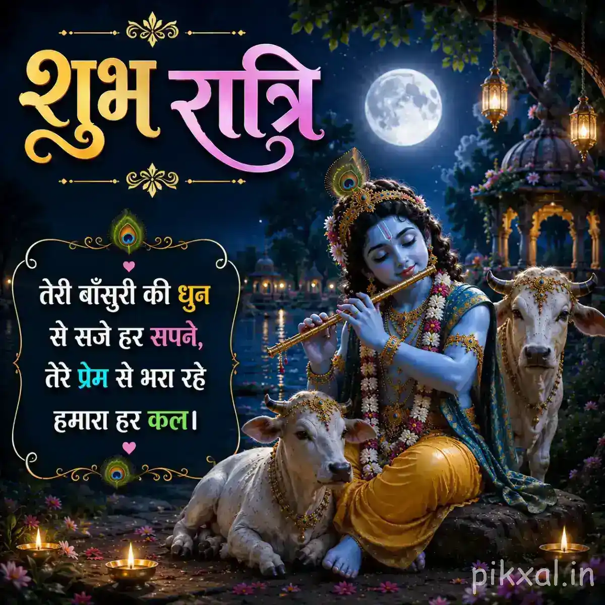 Good Night Krishna Images of Krishna seated with his flute among gentle cows beneath a bright full moon, creating a serene blue nighttime scene.