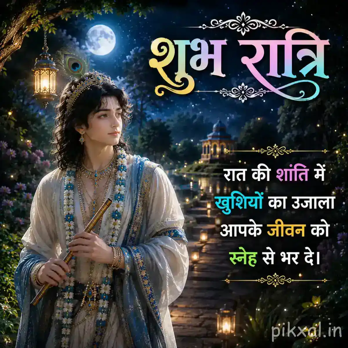 Lord Krishna standing gracefully with folded hands in a moonlit garden, with a woman in the background and शुभ रात्रि wishes beside him.