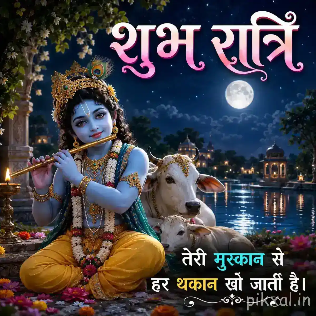 Krishna seated with his flute beside resting cows near a moonlit lake, with temple lights reflecting across the water and a शांत शुभ रात्रि message.