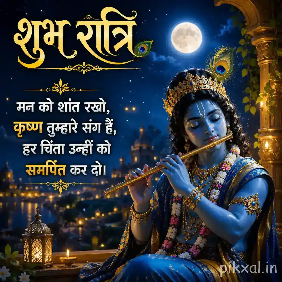 Lord Krishna playing the flute beside a peaceful riverside at night, with a full moon, distant temple and sparkling reflections in the background.