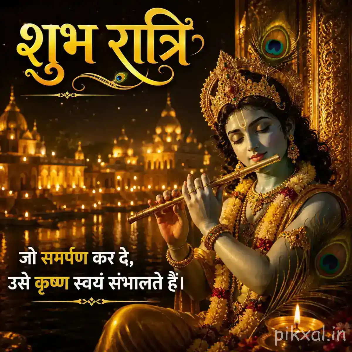 Krishna shown in a warm golden setting while playing his flute, surrounded by illuminated lamps and decorative elements with a devotional रात्री संदेश.