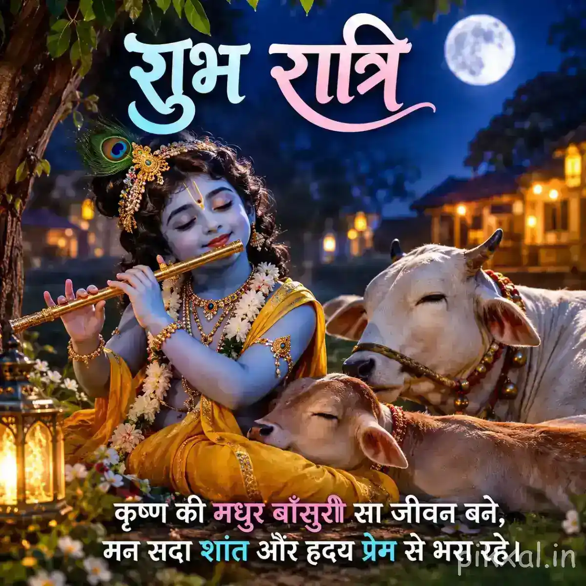 Lord Krishna seated among cows while playing his flute, with a moonlit river, glowing temple lights and colorful शुभ रात्रि typography.