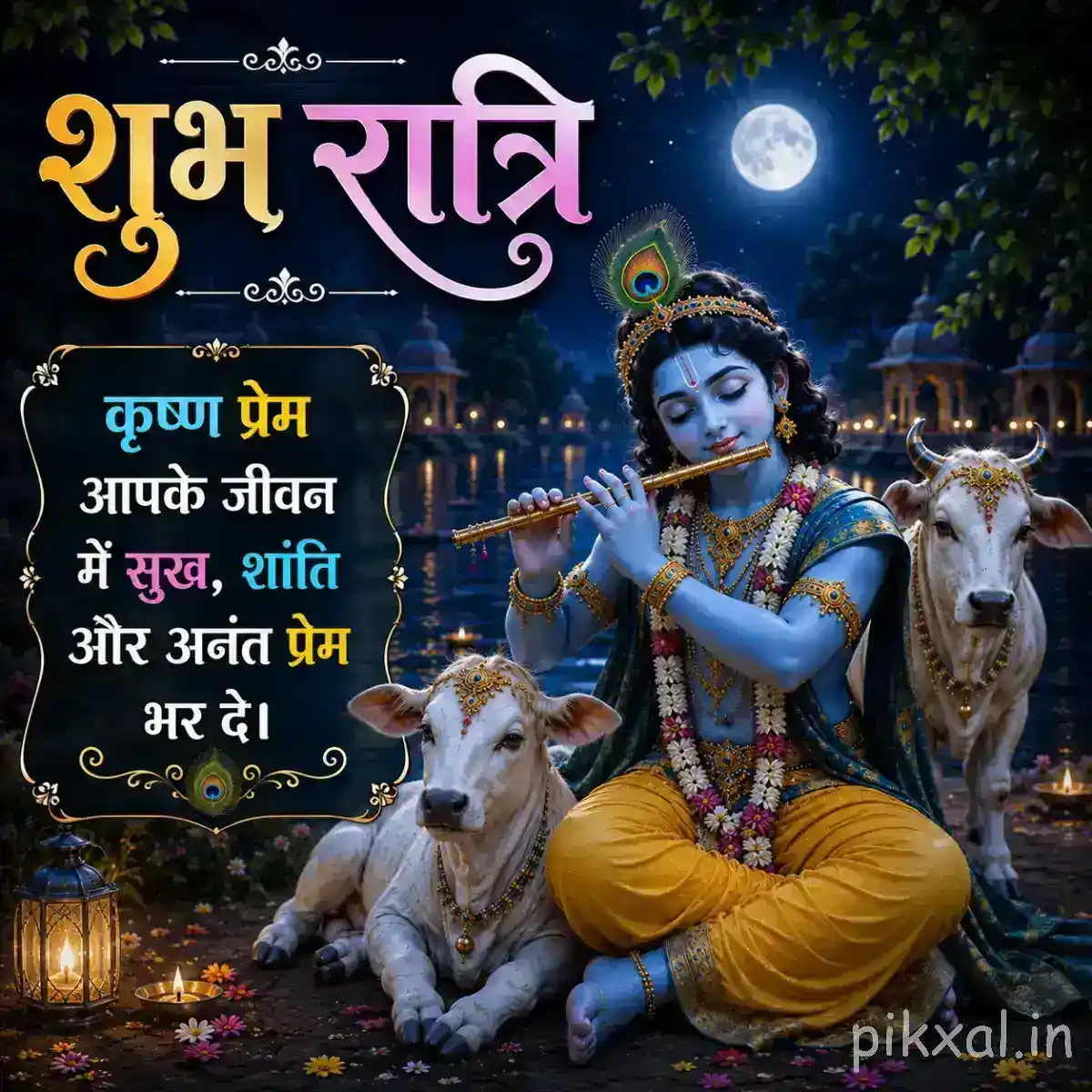 Krishna playing his flute peacefully among several cows beneath a bright moon, with trees, water and soft nighttime lights surrounding the scene.