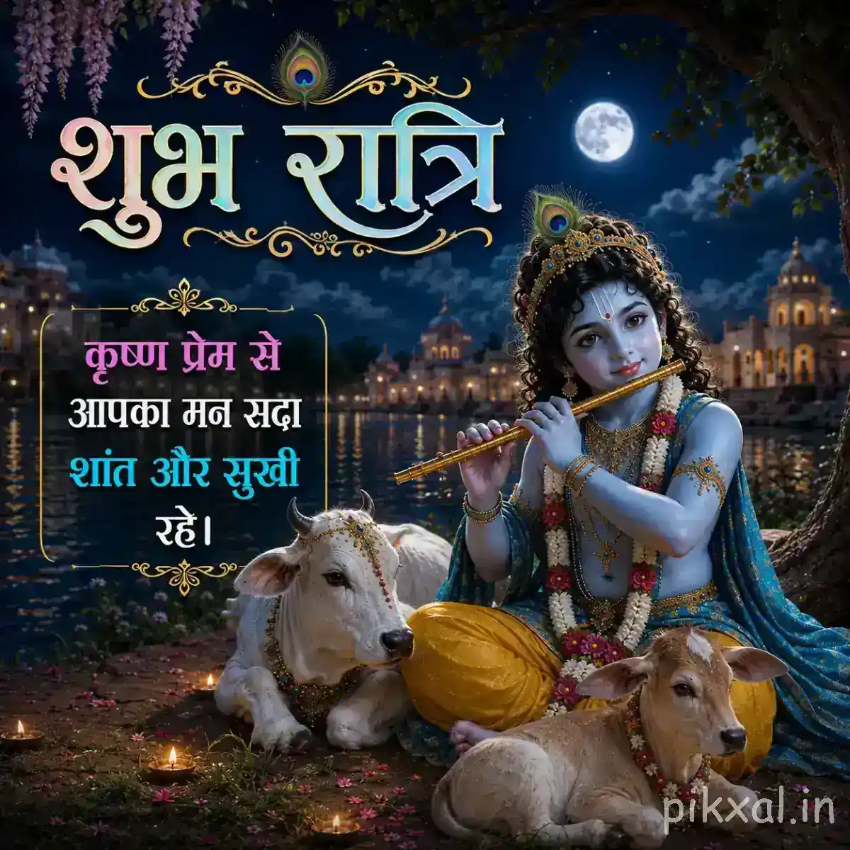 Lord Krishna seated beside cows near a quiet riverside, playing the flute under a luminous moon with a heartfelt कृष्ण प्रेम message.