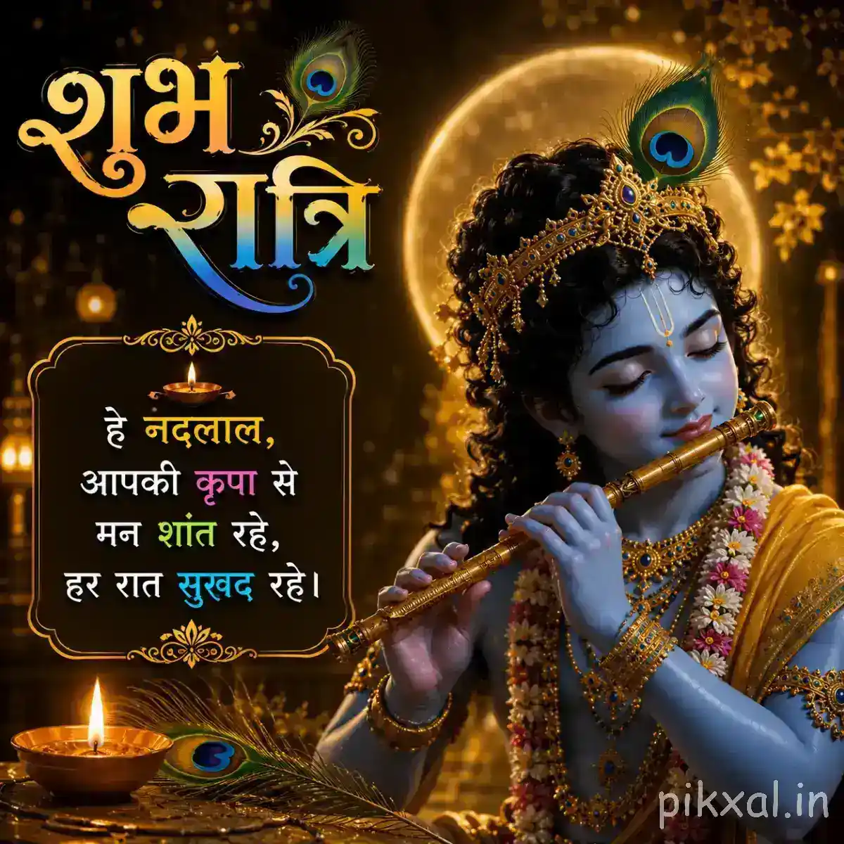 Krishna playing the flute in an ornate golden nighttime setting, with a glowing diya, peacock feather and शुभ रात्रि wishes surrounding him.