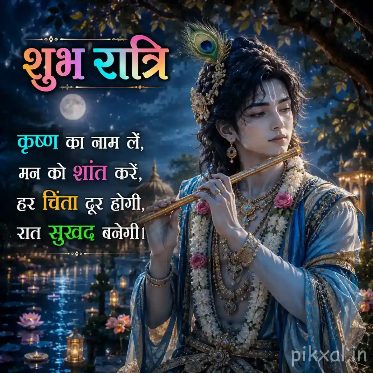 Lord Krishna playing the flute beside a graceful woman near a moonlit river, with reflections on the water and a peaceful रात्री संदेश.