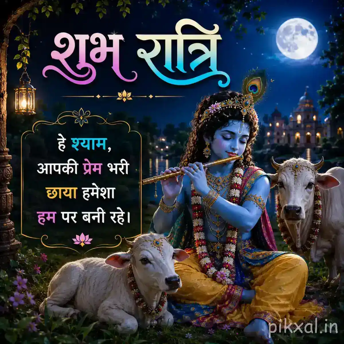 Krishna seated with his flute among resting cows beneath a glowing full moon, surrounded by trees and a calm blue devotional landscape.