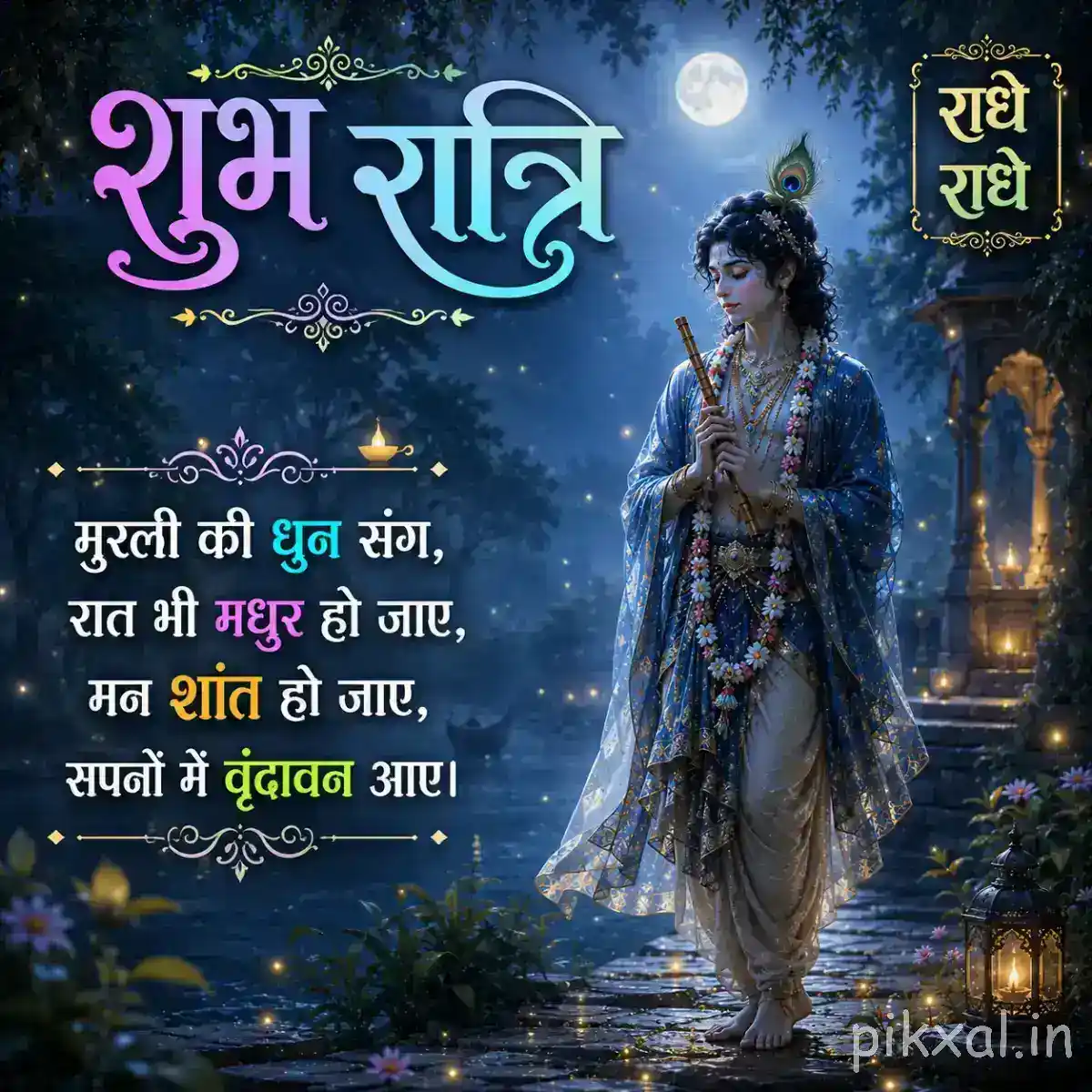Lord Krishna standing peacefully beside a moonlit river, with a temple-like structure and soft blue foliage creating a serene devotional atmosphere.