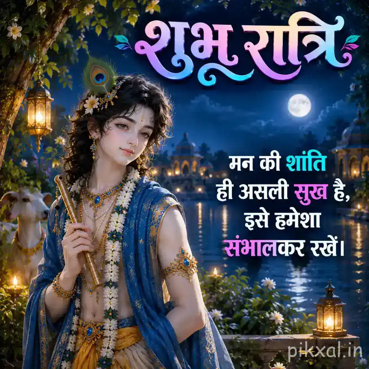 Lord Krishna standing in a moonlit garden beside Krishna, with trees, hanging lights and a शुभ रात्रि greeting creating a dreamy nighttime scene.