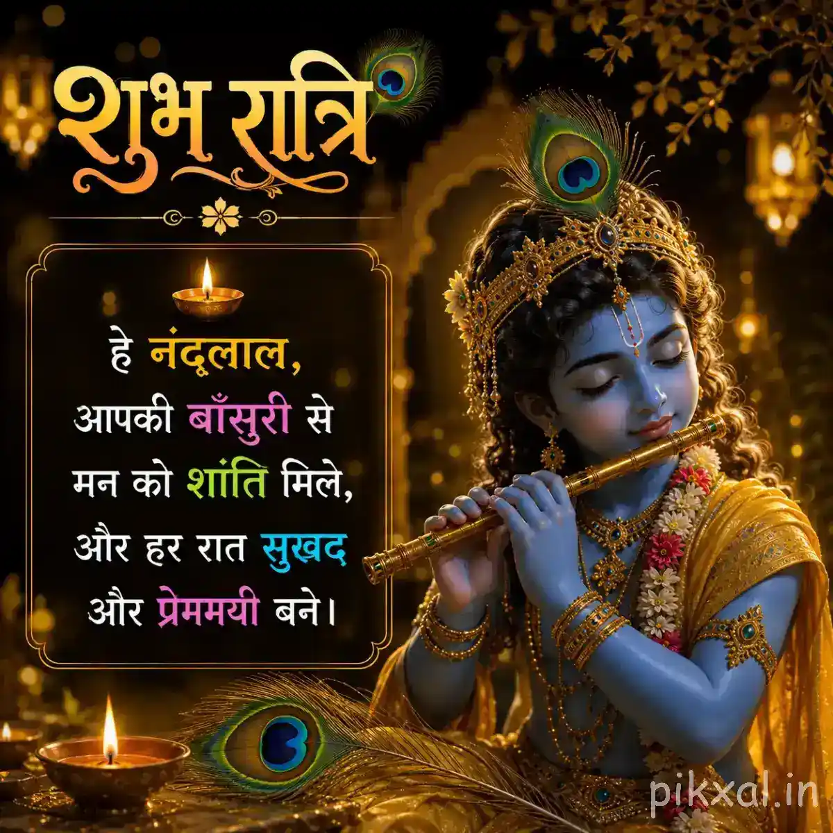 Krishna seated with his flute beside a glowing diya, decorated with a peacock feather crown and golden ornaments against a dark devotional background.