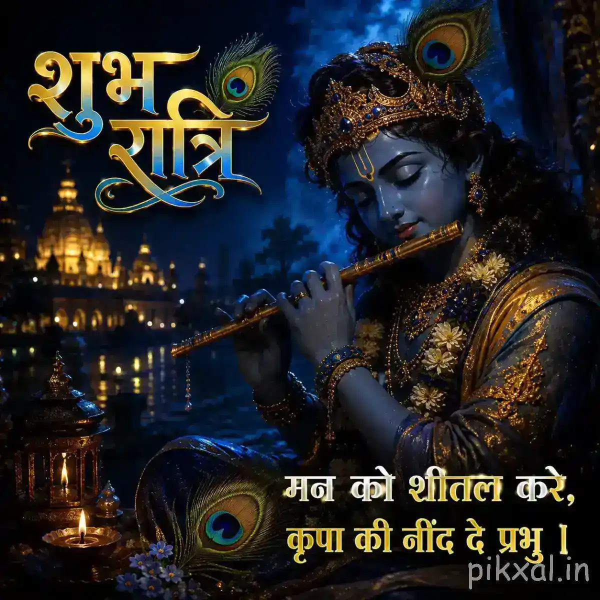 Lord Krishna playing the flute in a dimly lit riverside setting, with warm lamps, a peacock feather and a peaceful रात्री message.