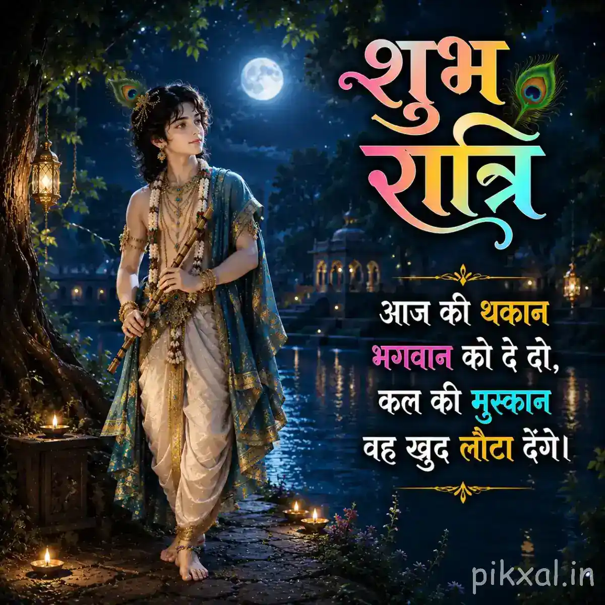 Krishna walking beside through a tranquil moonlit landscape, with trees, soft golden lights and a large शुभ रात्रि greeting.