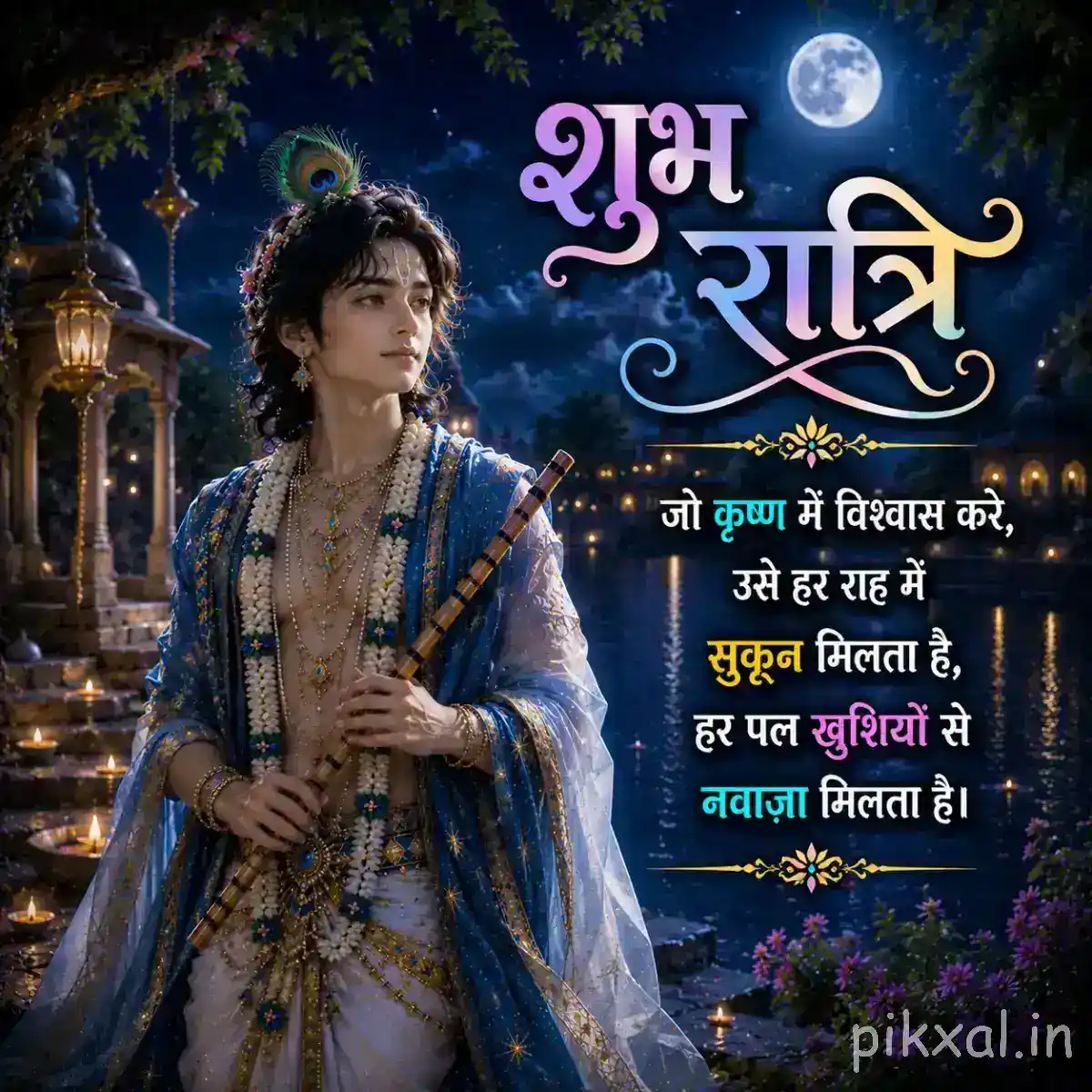 A serene portrait of Krishna standing beside a moonlit riverside, surrounded by lush greenery, soft lanterns and devotional रात्री wishes.
