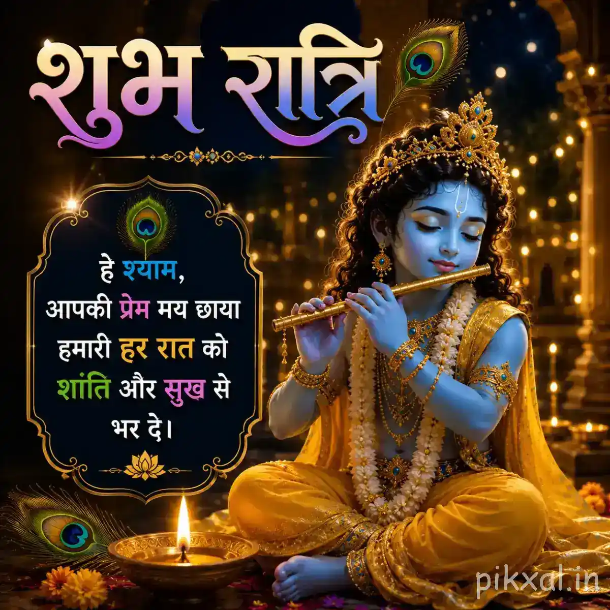 Krishna sitting peacefully in golden attire while playing his flute, surrounded by diyas, peacock feathers and ornate nighttime decorations.