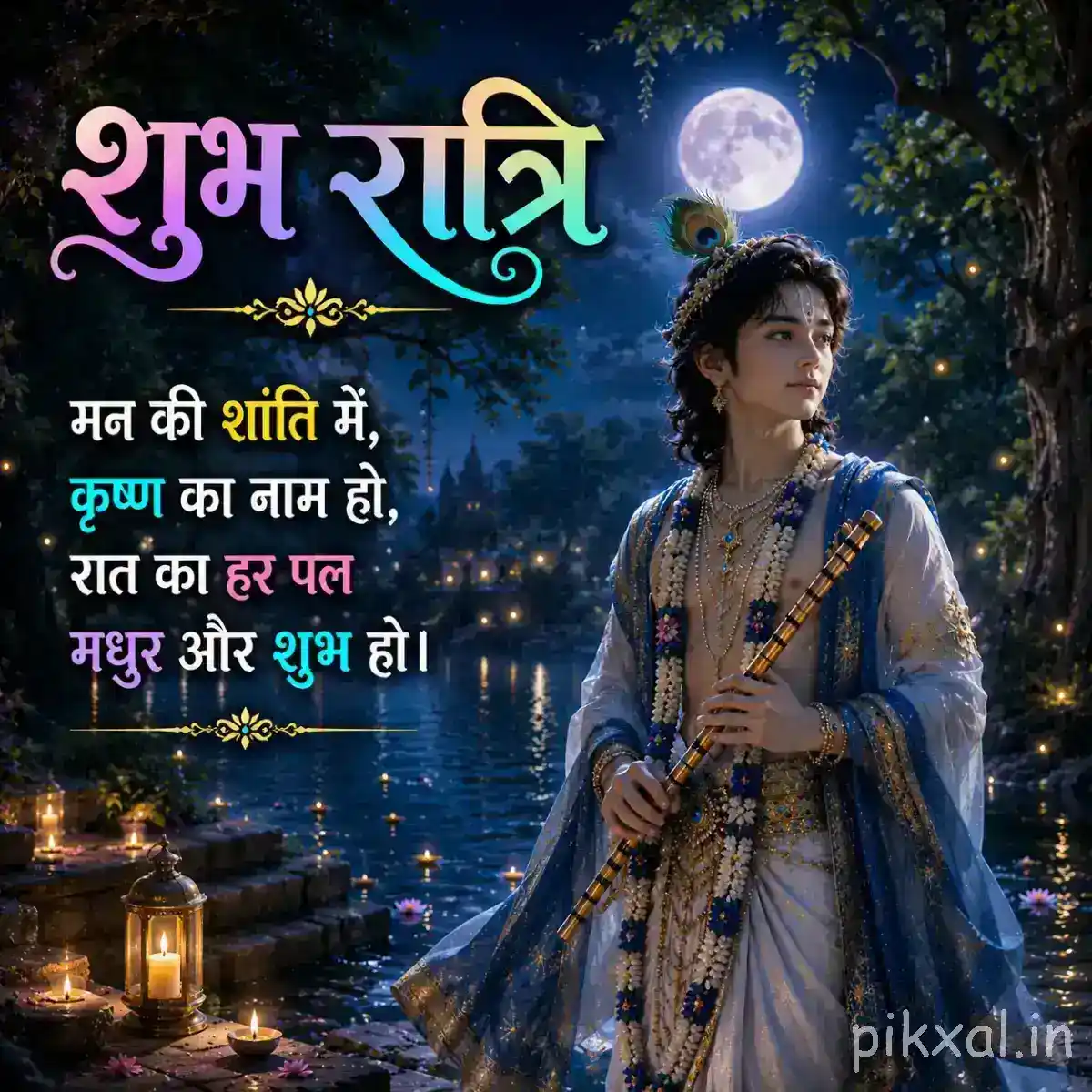 A graceful Krishna portrait beside a calm riverside, with a glowing moon, temple architecture and soft nighttime lights around him.