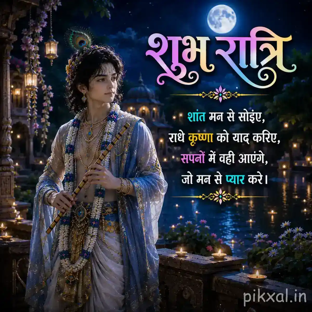 Lord Krishna standing near a decorated riverside at night, holding his flute while moonlight and lanterns create a tranquil devotional setting.