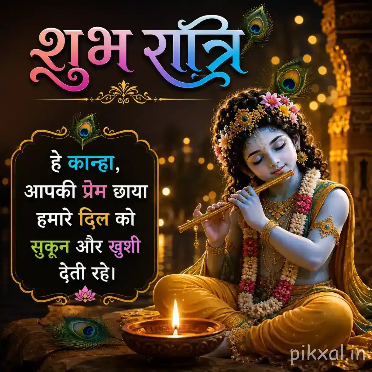 Lord Krishna playing the flute beside a bright oil lamp, with warm golden lighting, peacock feathers and a peaceful devotional message.