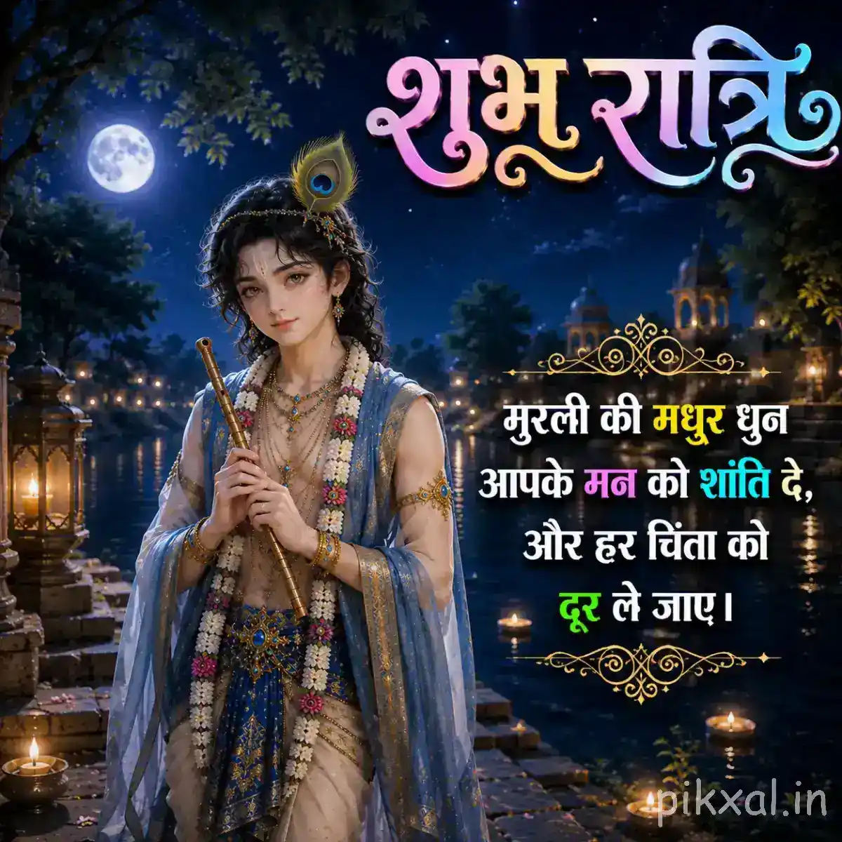 Krishna standing with folded hands beside a moonlit river, surrounded by trees and soft blue reflections with शुभ रात्रि wishes.
