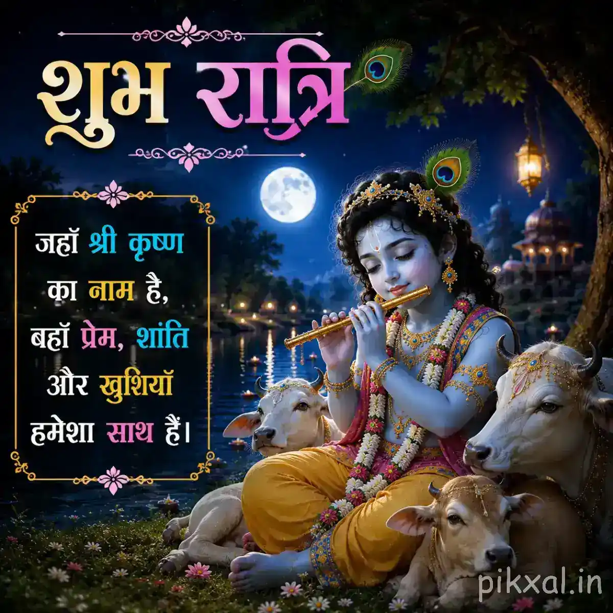 Krishna playing the flute while surrounded by several cows, with a moonlit temple landscape, glowing lamps and a peaceful night message.