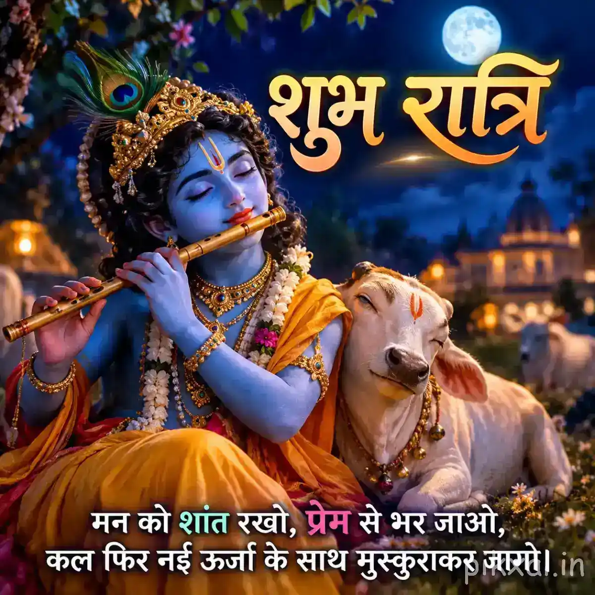 Lord Krishna playing his flute among cows beneath a warm golden moon, with colorful flowers, soft lights and a devotional शुभ रात्रि blessing.