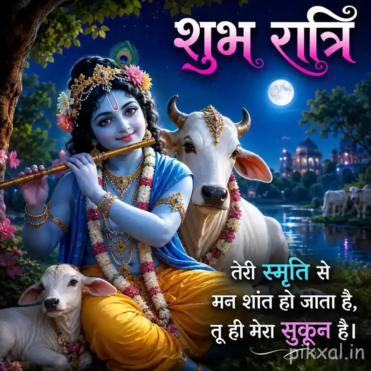 Krishna playing his flute beside a white cow under a moonlit sky, with lush greenery, distant temple scenery and a soothing शुभ रात्रि message.